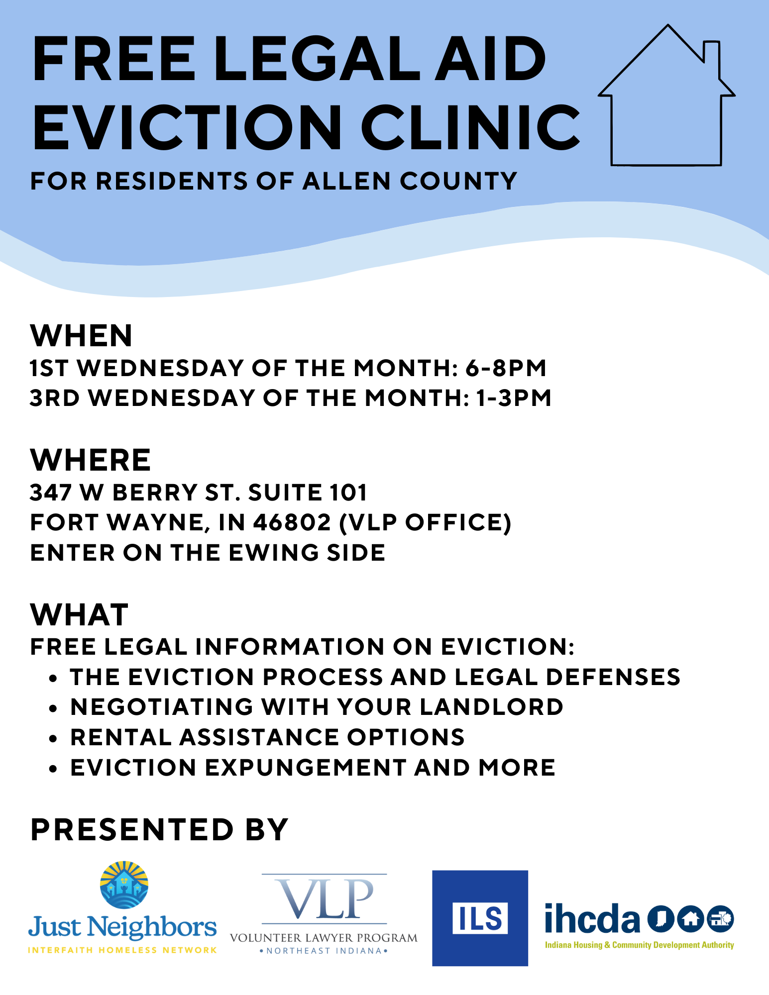 Volunteer Lawyer Program Eviction Clinic flyer